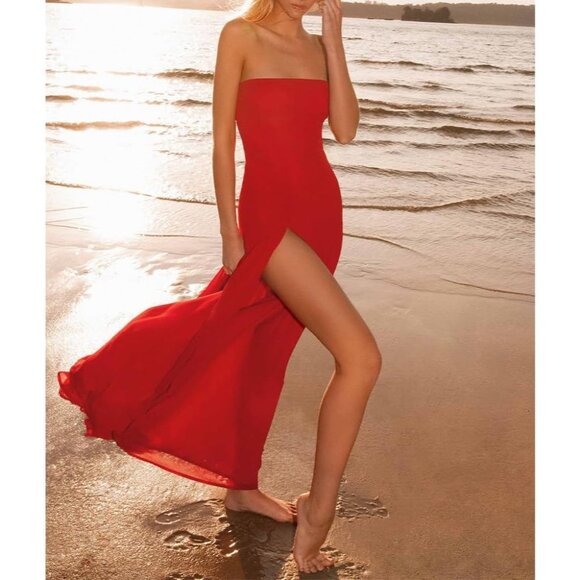 Women Strapless Tube Top Tiger Stripe Red Maxi Dress Sexy High Slit Party Dress - Picture 6 of 6